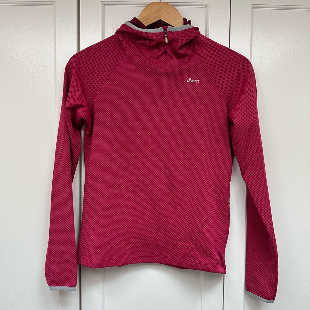 ASICS running hooded jacket / woman’s medium/ pink with grey detailing at hems